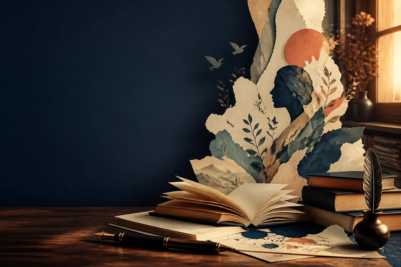 Livros, páginas e paisagem em composição editorial