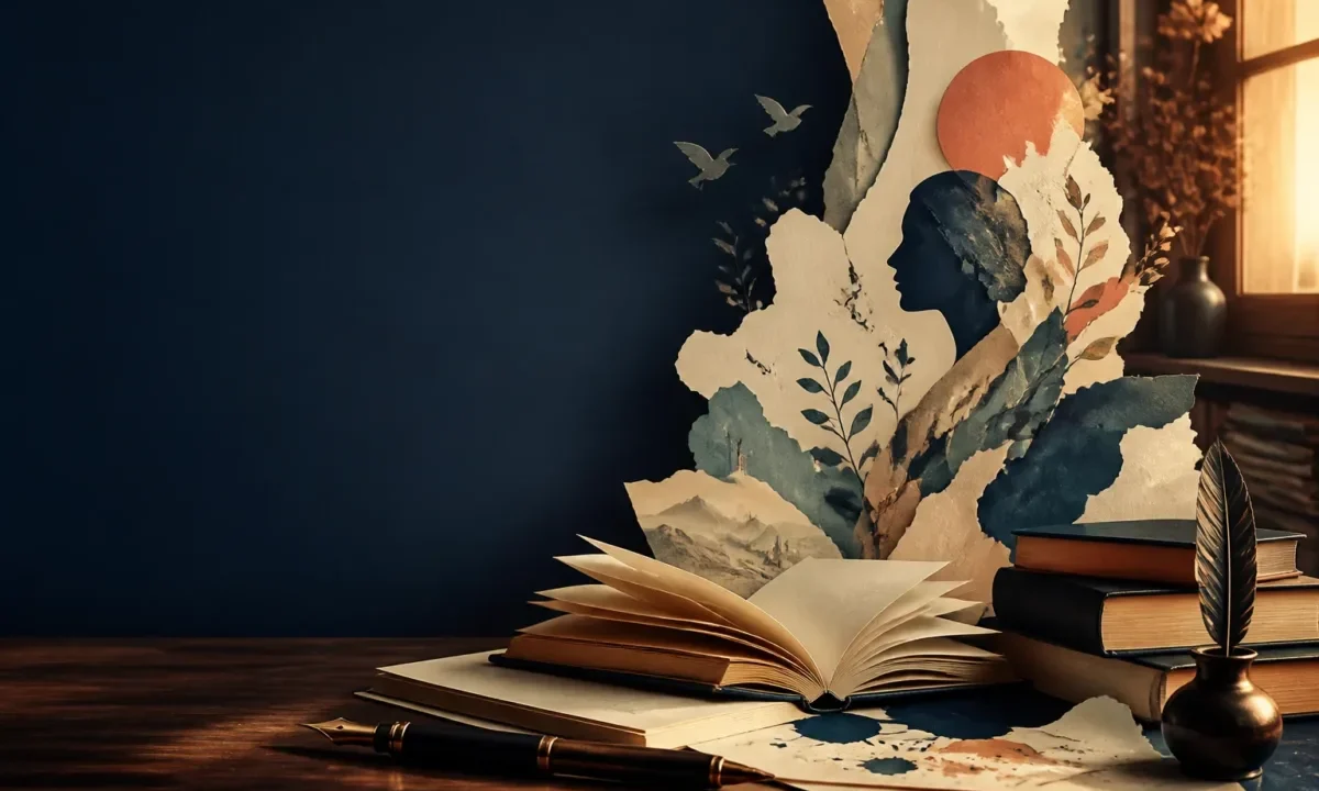 Livros, páginas e paisagem em composição editorial