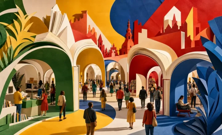 Ilustração editorial de uma grande feira de livros