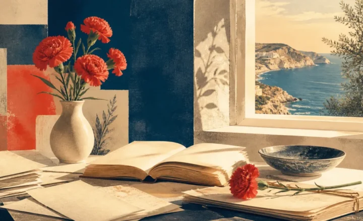 Livros, manuscritos e cravos em ilustração editorial