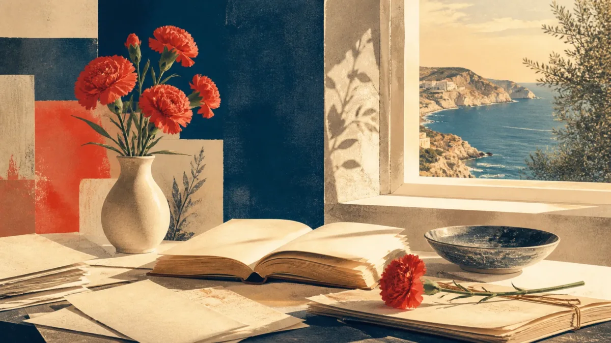 Livros, manuscritos e cravos em ilustração editorial