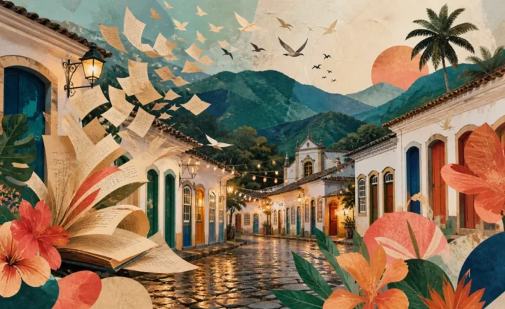 Casario de Paraty, páginas e flores em ilustração editorial