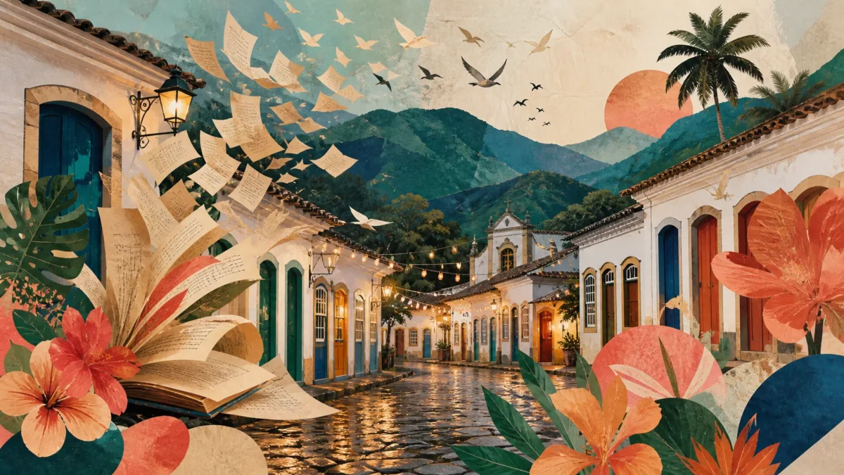 Casario de Paraty, páginas e flores em ilustração editorial